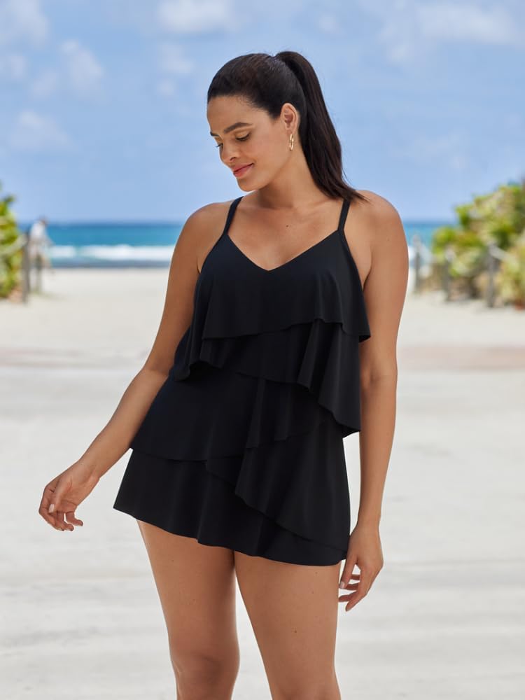 Womens Assymetrical Tier Emelia Swim Dress with Tummy Control Underbody - Image 2