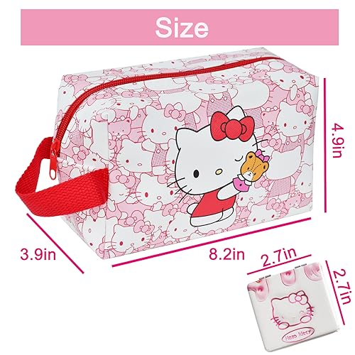 kitty Travel Cosmetic Bag, Large Capacity Cartoon Cosmetic Pouch Makeup Bag with Zipper, PU Travel Toiletry Bag Makeup Accessories Organizer, Foldable Storage Bag Makeup Pouch for Girls - Image 3