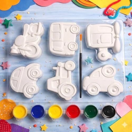 Image of EXPESIA Paint Your Own Ceramic Vehicles Kit for Kids, DIY Arts and Crafts Set with 6 Figurines, Paints and Brush, Ages +2 Year