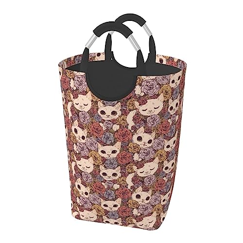 猫の花柄 ランドリーバスケット 洗濯カゴ 取っ手付き ハンドル付き 大容量 50l ランドリー収納 洗濯物入れ