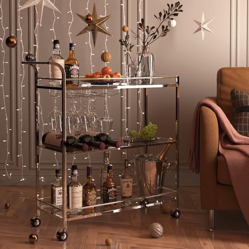 Alihdrna Bar Cart Silver, Home Bar Serving Cart, Modern Bar Cart with 3-Tier, Mobile Kitchen Shelf...