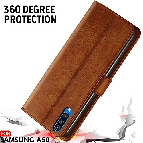 Image of TheGiftKart Genuine Leather Finish Flip Cover for Samsung Galaxy A50s / A50 / A30s | Inside Pockets & Inbuilt Stand | Wallet Style Back Case | Designer Button Magnet Closure (Brown)