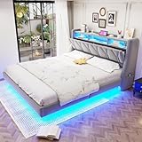 DUlVBPE Polsterbett 180 x 200 cm, Umklappbares Kopfteil Mit Steckdose und Ablagefach, LED-Beleuchtung, Gepolstertes Kopfteil, Verbreiterte Bettbeine, Schwebendes Bettdesign Samtstoff Hellgrau