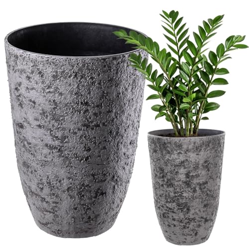 KADAX Macetero de 35 cm de diámetro x 50 cm de alto, maceta grande con aspecto de piedra realista, maceta de plástico, resistente a la intemperie para terraza (gris)