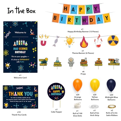 Image of Just Party Science Theme Party Decoration - 99 pcs Happy Birthday Decoration Kit for Kids | Science Theme Birthday Decoration Items for Boys & Girls|Includes Balloons, Cake Topper, Props,Theme Banners