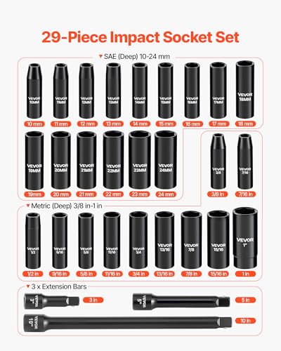 Image of VEVOR 1 /2 inch Drive Impact Socket Set, 29-Piece Deep Sockets Standard SAE (3 /8 to 1 inch) and Metric (10 to 24 mm) Size, 6 Point, CR-V Steel, Extension Bars (3 inch, 5 inch, 10 inch)