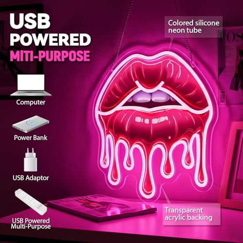 Image of Dripping Lips Neon Sign for Wall Decor, Pink LED Lip Light for Bedroom, Game Room, Bar, Aesthetic Sexy Lip Artwork, USB Powered Dimmable Neon Wall Light