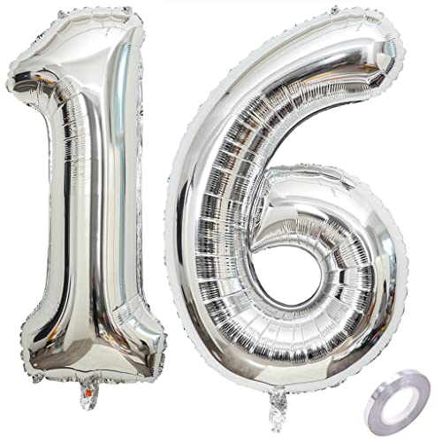 Ballon gonflable XL pour 16 anniversaires, ballon gonflable chiffre 16, ballon gonflable chiffre 16 argent, ballons numéro 16, ballon en aluminium argenté de 32", décoration d'anniversaire numéro 16 Cover