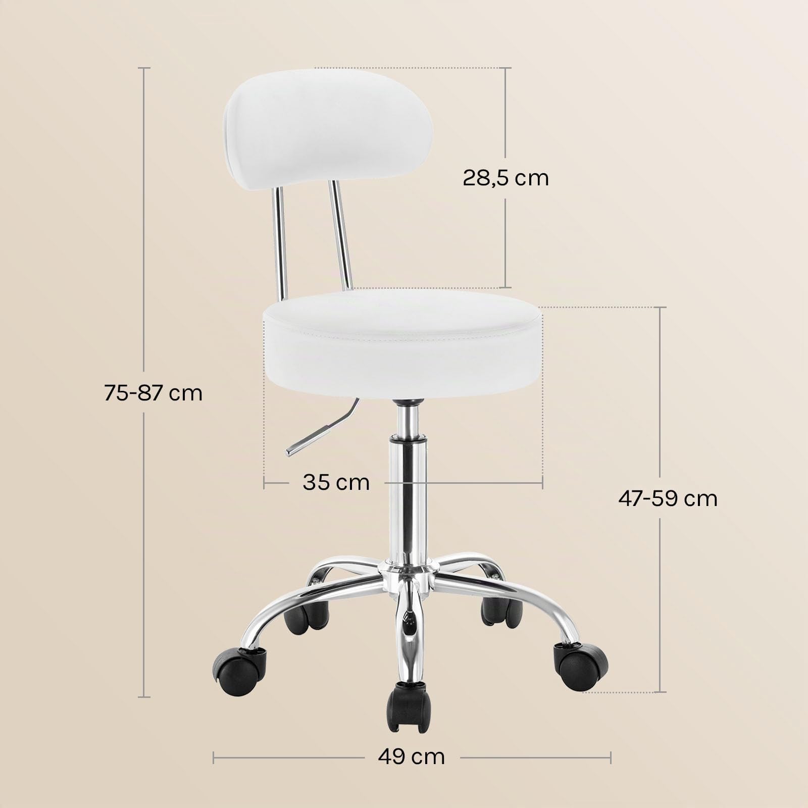 WOLTU Sedie Ufficio Sedia da Scrivania Sgabello con Schienale 47-59cm PU Cromato Girevole Moderno, per Ufficio, Salone, Massaggio, Toeletta Trucco, Bianco