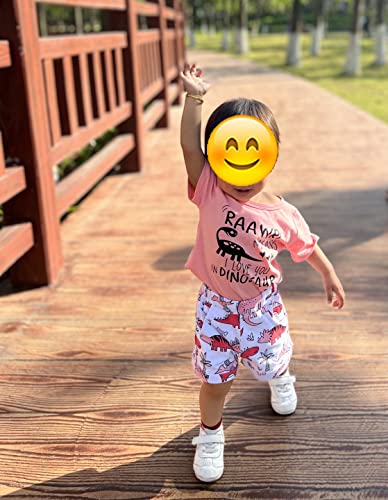 BOUTIKOME Toddler Baby Girls Boys Summer Shorts Set Dinosaur Short Sleeve T-Shirt Pants 2pcs Casual Clothes Outfits2