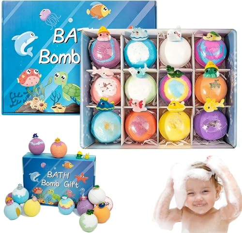 Bath Bombs with Toys Inside 12PCS Animal Bath Bombs Set for Boys Girls Cute Kids BathsBomb Toys with Plant Extracts Marine Terrestrial Animal Baths Salt Balls for Kids Gift
