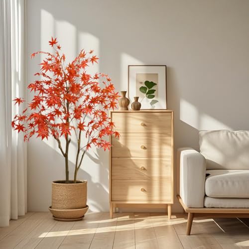 Garveehome 5ft Artificial Maple Tree, Large Faux Tree Soft Silk Autumn Maple Decorative Plant with Plastic Pot for Party Home Living Room Decoration Thanksgiving Harvest