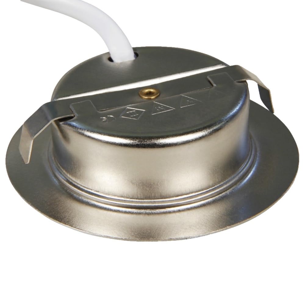 7er Set LED Möbel Einbauspots 12V IP44 – 2W, 160lm – Edelstahl gebürstet Finish – extra flach, 22mm Tiefe – 54 bis 60mm Bohrloch – 3000K Warmweiß – 2m Kabel mit AMP Stecker – für Küche, Bad, Schränke