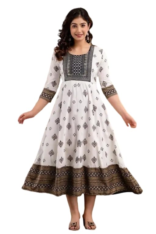 Women’s Maxi Length Flared Hem Rayon Kurti Floral Printed Elegant Ethnic Anarkali Style-picture-10