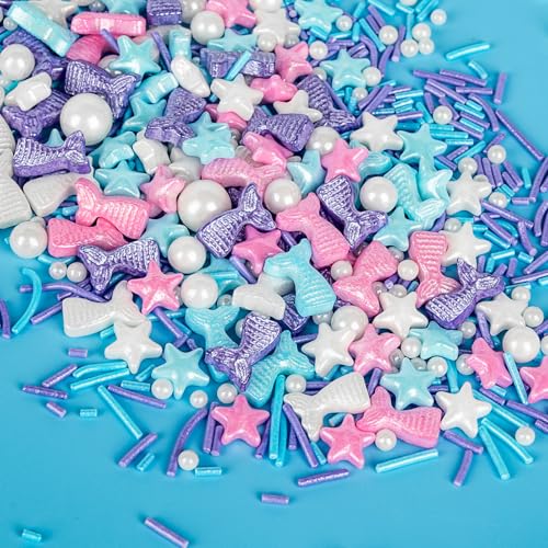 Image of Mermaid Sprinkles,Edible Sugar Pearl Stars Jimmies Mix,130g /4.58oz,Pearl Candy Ocean Sprinkle for Cake Decorating,Summer Baking Fun Decorations,Perfect for Ice Cream,Cookies,Dessert,Donuts,Cupcake Topper,Birthday Children Party Supplies