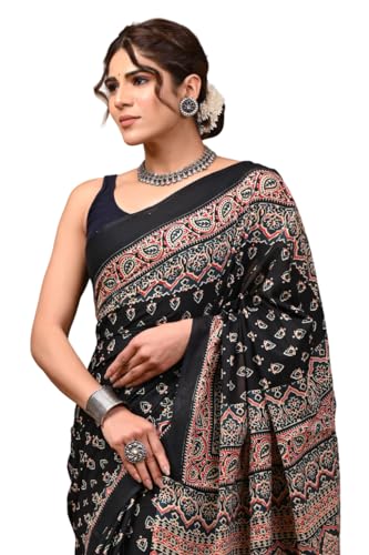Image of Crafts Moda Hand Block Ajrakh Print Cotton Saree for women with Blouse | Soft comfortable wear sari