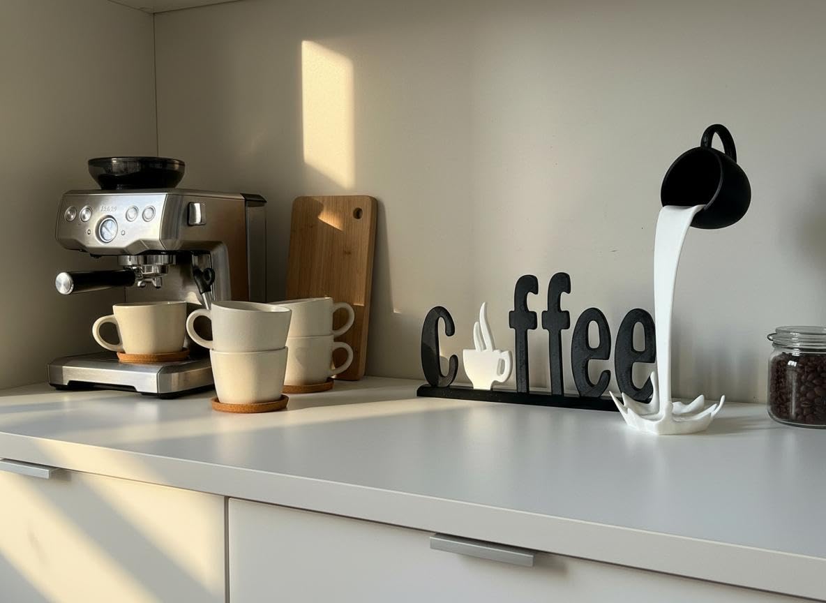 Generico Decorazione Angolo Caffè Set 4 Pezzi - Scritta Coffee, Tazza Sospesa, Omino Decorativo - Accessori Arredo Cucina e Bar Moderno
