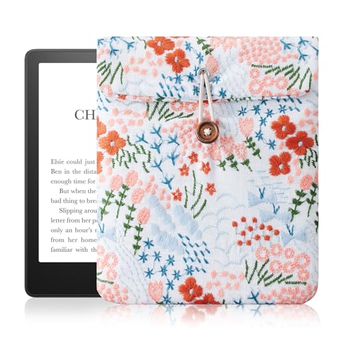 Embroidered Daisy Floral Kindle Sleeve - Compatible with Paperwhite (6''/6.8''), Oasis (7'') - Padded E-Reader Cover (6.7 inches Wide x 7.9 inches Tall)