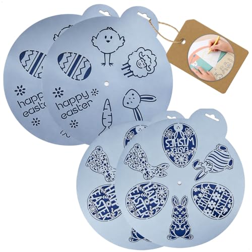 com-four® 4 plantillas de Pascua reutilizables, motivos conejo, huevo y textos, moldes creativos para papel, cristal, madera, decoración DIY [varía] (Transparente - 4 piezas)