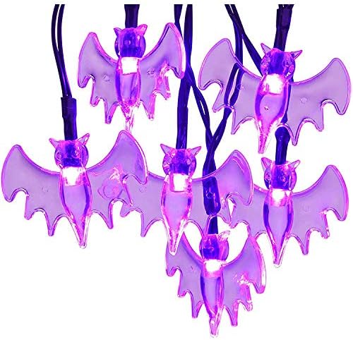 DYTesa Halloween Solar String Lights, 21.3 Ft 30 LED Purple Bat LED Lights IP65 Waterproof for Halloween Outdoor Indoor Party Decor, Patio, Lawn, Garden, Yard