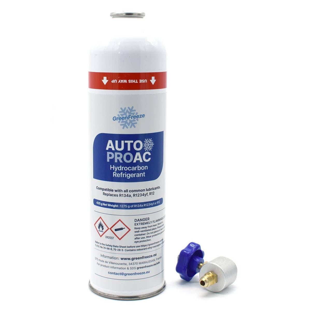 Canette réfrigérant Greenfreeze AUTOPROAC 425grs, remplace le 12, R134a et le 1234yf, livré avec robinet