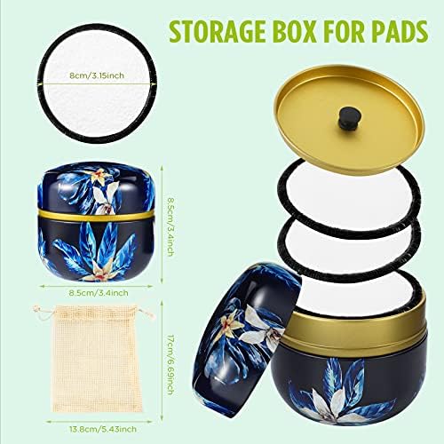 Reusable Face Makeup Remover Pads 16pcs 100% Organic Cotton Pads Cleaning Face Wipes Cloth Washable Face Round Cotton with Laundry Net Bag and Fashionable Metal Box Suit for Adults and Kids