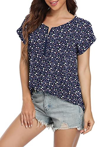 Viishow Summer Tops For Women Comfy Floral Print Round Neck Chiffon Short Sleeve Blouses,Sx F Navy Blue,Xx-Large #TOP17