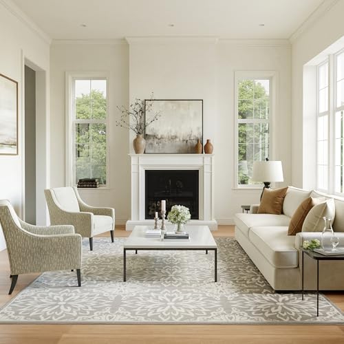 Image of Nourison Home Jubilant Transitional Ivory/Grey 7'10'' x 9'10'' Area-Rug, Easy-Cleaning, Non Shedding, Bed Room, Living Room, Dining Room, Kitchen (8x10)