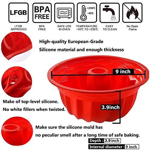 Aokinle Silicone Baking Molds 2-Pack, European Grade Fluted Round Cake Pan, Non-Stick Cake Pan for Jello,Buntcake,Gelatin,Bread, 9.45 Inches Tube Bakeware Red