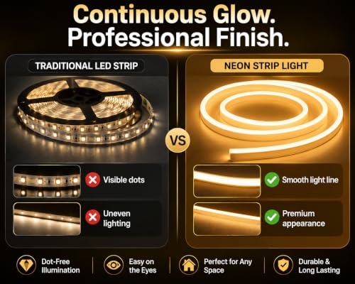 Image of Quace 5M Neon LED Strip Light Warm White, Flexible Silicone Rope Light, IP65 Waterproof, Cuttable LED Strip for False Ceiling, Bedroom, Home Decor, Shop Signage, Party & Diwali Decoration