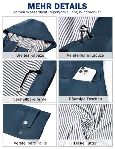 PONCEAU Damen Wasserdicht Regenjacke Lang Windbreaker Übergangsjacke Leichte Atmungsaktiv Outdoorjacke Raincoat Regenponcho Regenparka Trenchcoa Regenmantel mit Kapuze