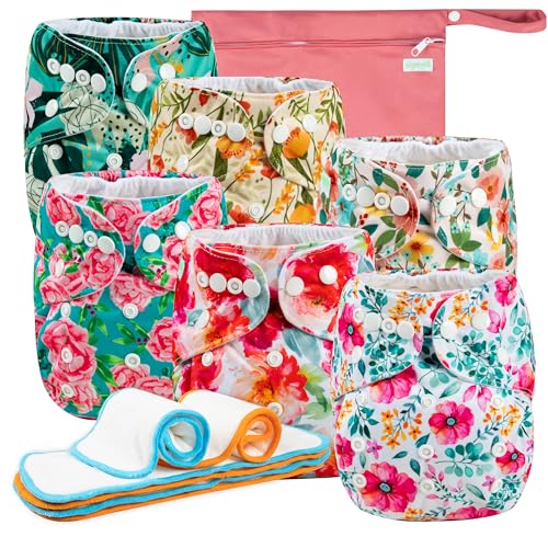 Image of Wegreeco Cloth Diapers 6 Pack with Inserts & Wet Bag, Washable Reusable Diapers for Babies, One Size Adjustable (Chinese Rose)