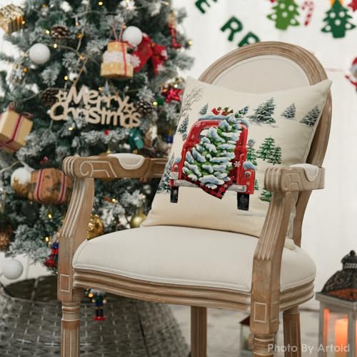 Artoid Mode Watercolor Snow Pine Tree Truck Christmas Cushion Cover - Image 3