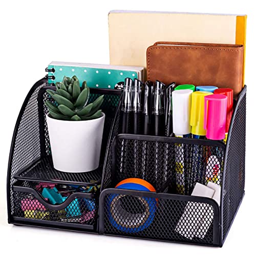 CLOUDFOUR Mesh Desk Organizer Office Supplies Multi-Functional Caddy Pen Holder Stationery Organizer for Office Home School Classroom (6 Compartments and 1 Drawer) (Black - Shape B)