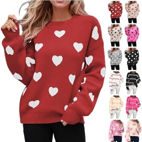 Heart Sweater for Women Valentines Long Sleeve Crewneck Knitted Sweaters Y2K Pullover Sweatshirt Holiday Tops Outfit