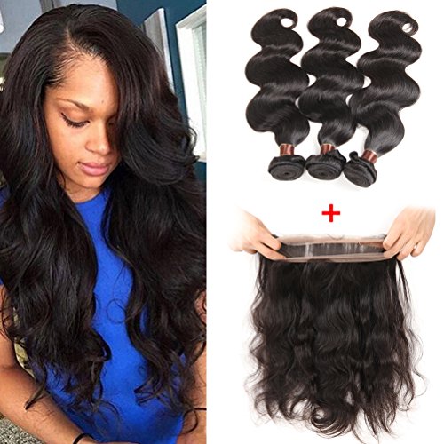 Brazilian Bundles With Frontal Body Wave with 360 Frontal 8A Brazilian Virgin Hair Body Wave 360 Lace Frontal with Bundles Body Wave Human Hair with Closure (14 16 18+12 360frontal, Natural Color)