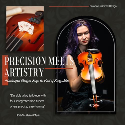 Image of AKLOT Handcrafted Full Size Violin: Solid Wood Matte Fiddle, Acoustic Beginner 4 /4 Violin Kit with Hard Case, Lesson Book, Bow, Shoulder Rest, Extra Strings, Tuner, Fretboard Stickers (VRT-AmiCS)