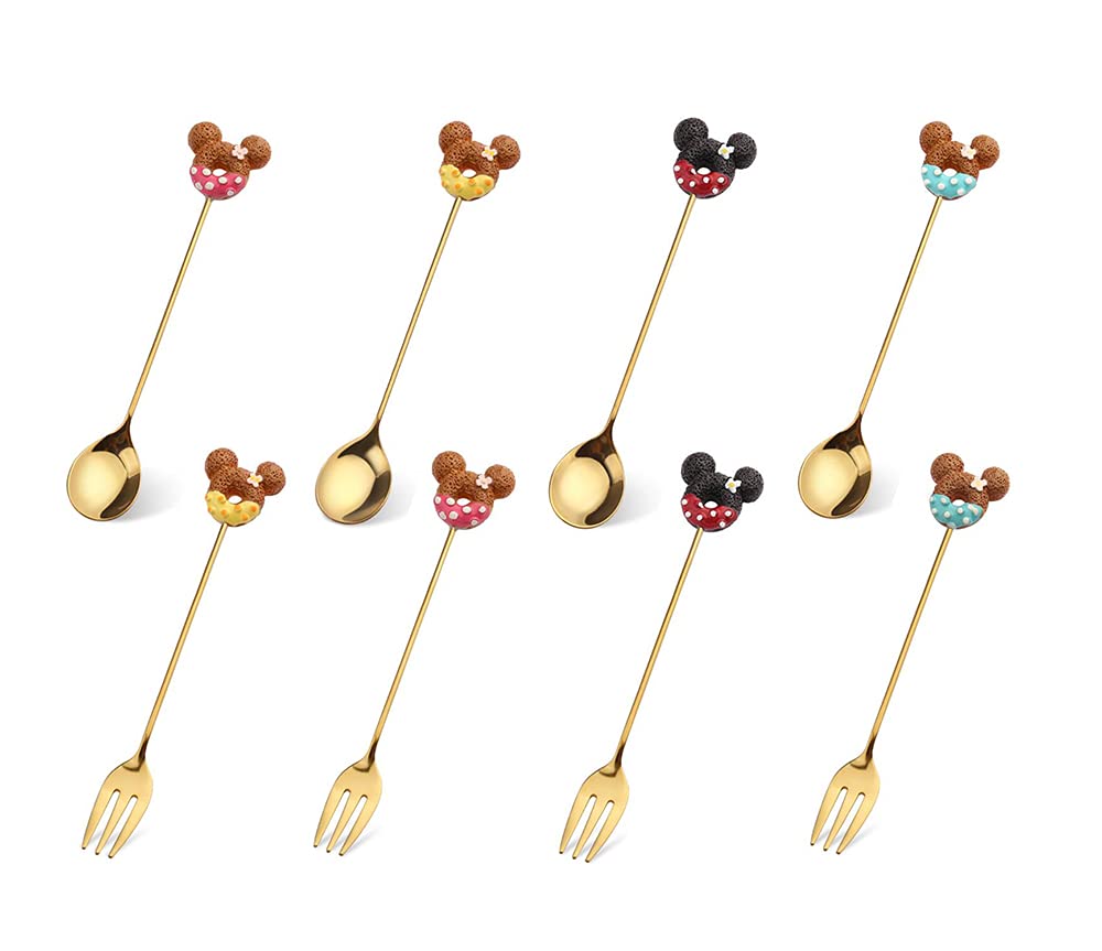 Stainless Steel Coffee Dessert Spoon Children's Spoon Fruit fork Dessert cake fork 5.5in Mini Tea Spoon,Cute cartoon design. (8, Mickey)