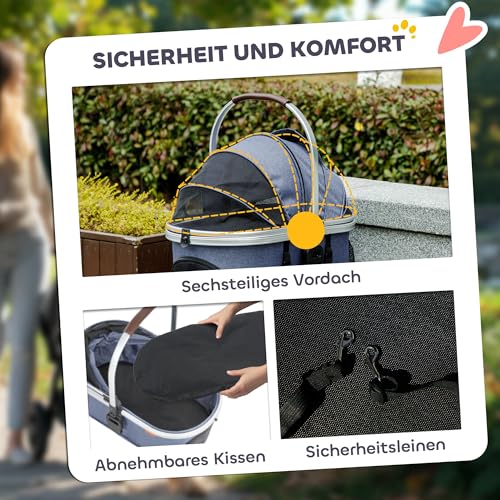 PawHut Hundewagen 3 in 1 Hundebuggy klappbar für Hunde & Katzen bis 10 kg Katzenbuggy mit Kissen Netzfenstern Türen Aufbewahrungskorb Katzenwagen Buggy Dunkelblau