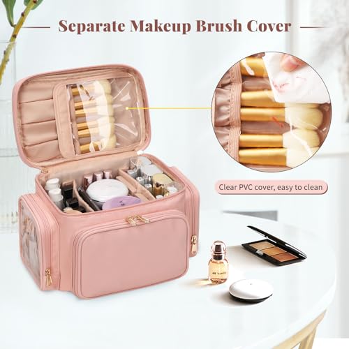 Makeup Bag Large Travel Make up Bag Organiser for Women PU Leather Toiletry Bag Portable Makeup Case with Brushes Compartments, Pink - Image 3