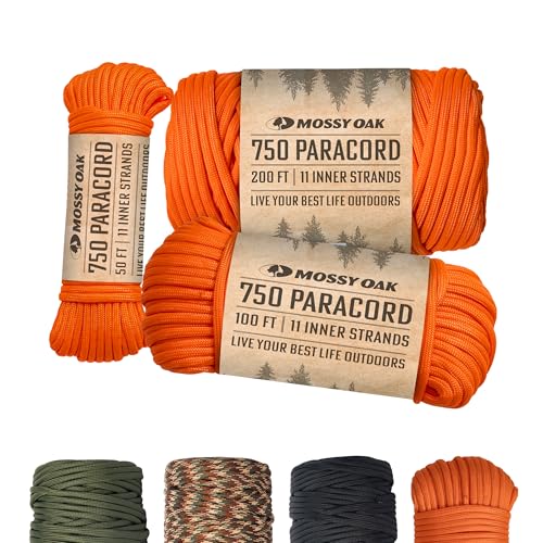 Mossy Oak Paracord Rope 750 with 11 Inner Strands | 50ft Nylon String, Tactical Survival Gear for Camping, Hunting, Fishing, Hiking, Crafting & DIY | Durable & Lightweight, 4mm Parachute Cord (Orange)