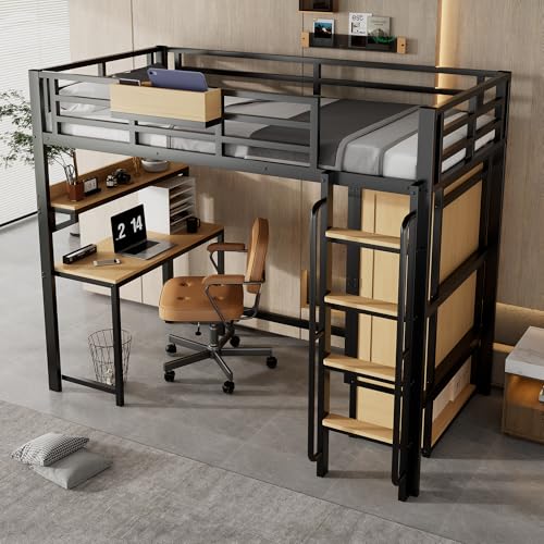 Rosebibi Cama de hierro, 90 x 200 cm, con armario de doble puerta, escalera con pasamanos, con escritorio y estante de almacenamiento, cama superior con estantes, hierro+MDF, negro y natural