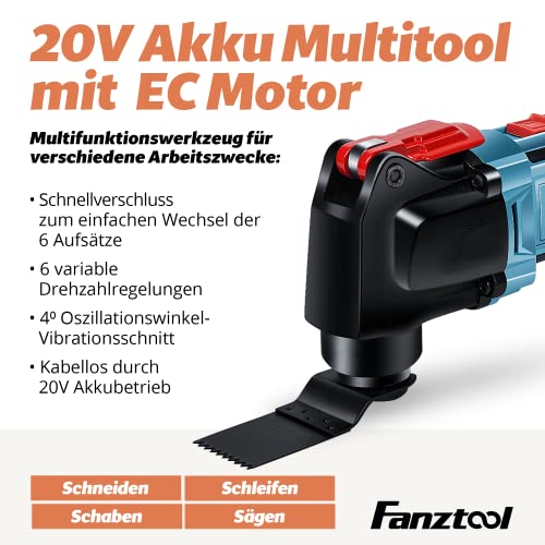 FANZTOOL 20V Akku Multifunktionswerkzeug mit EC-Motor, 3.2° Oszillationswinkel, LED-Beleuchtung, 6 Geschwindigkeiten,zum Schneiden,Schnitzen,Bohren,Schleifen & Polieren,inkl. 2Ah Akku & Ladegerät. – Bild 4