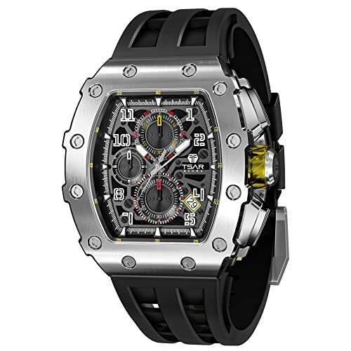 Mens Watch TSAR BOMBA Luxury Square Tonneau 50M Waterproof Stainless Steel Sapphire Chronograph Date Multifunction Japanese Quartz Movement Fashion Unique Cool Design Elegant Gift Rubber Strap Watch, black 1, Case thickness 16.8mm, Chronograph,Quartz (B09HBMJ7NW) Amazon Price History, Amazon Price Tracker