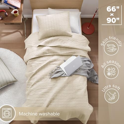 Comfort Spaces Kienna Quilt Set- Double Sided Stitching Design Summer Blanket, Lightweight, Soft, All Season Bedding Layer, Matching Sham, Ivory, Coverlet Twin/Twin XL(66"x90") 2 Piece