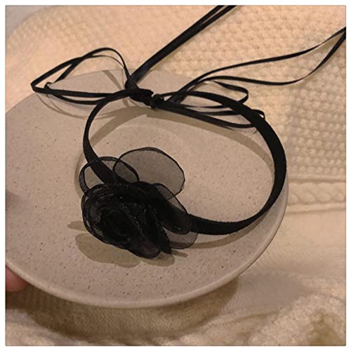Zeshimb Boho Velvet Choker Necklace Long Ribbon Satin Flower Collar Necklace Sexy Black Camellia Bow Velvet Lace Collar Choker Costume Jewelry Accessories For Women And Girls #TOP2