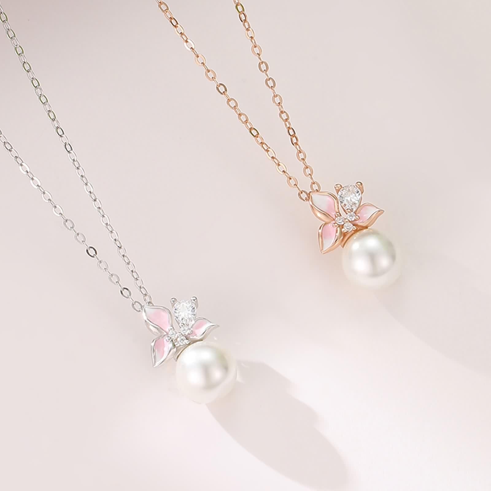 Collana Perla Donna, Collane Lunghe Eleganti Ciondolo Catenina Gioielli Oro Bianco 9K/14K/18K con Moissanite Perle di Fiori 40+5cm