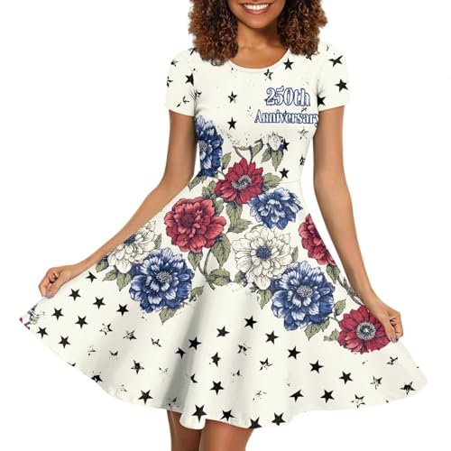 Image of POLERO Women Puffy Swing Elegant Party Midi Dresses Short Sleeve Round Neck A-Line Dress