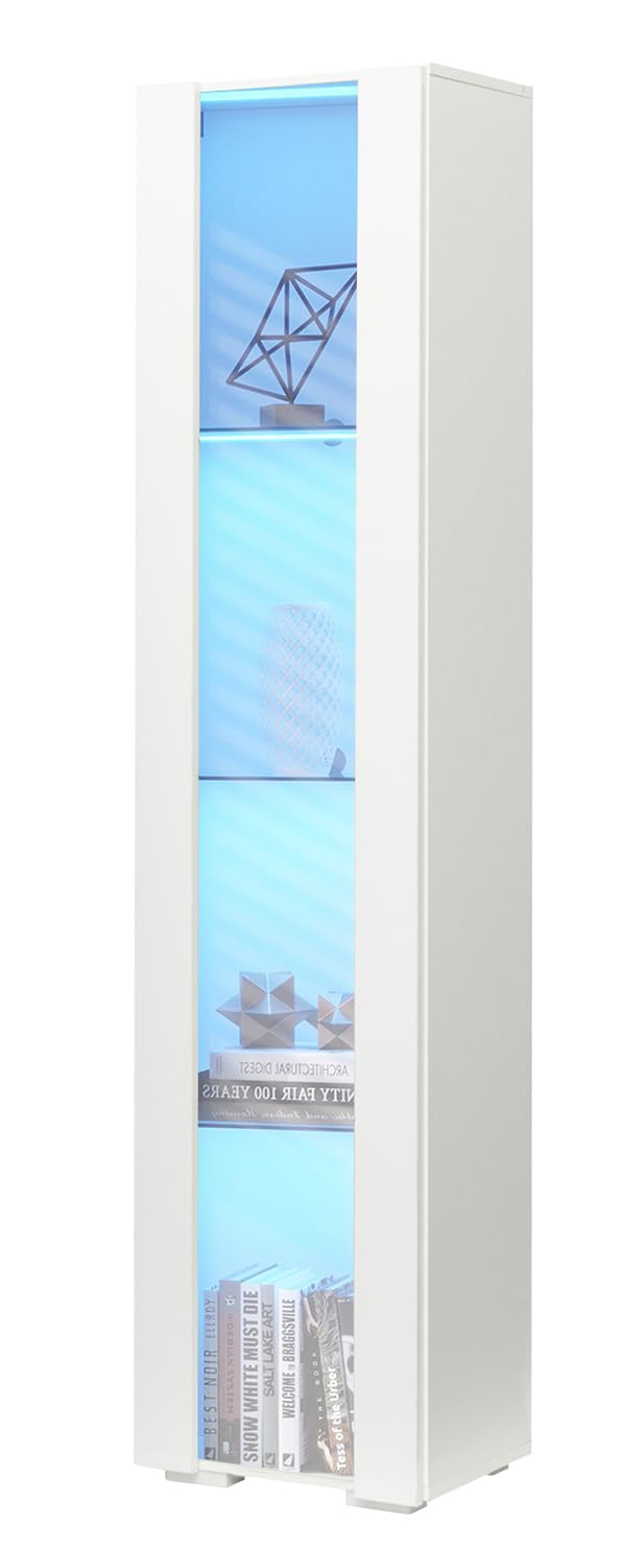Kennkari Display Case with Glass, Wooden Display Cabinet with Aluminum Strip Lamp, Display Cabinets with Light, Showcase with Shelf, Side cabine (White)
