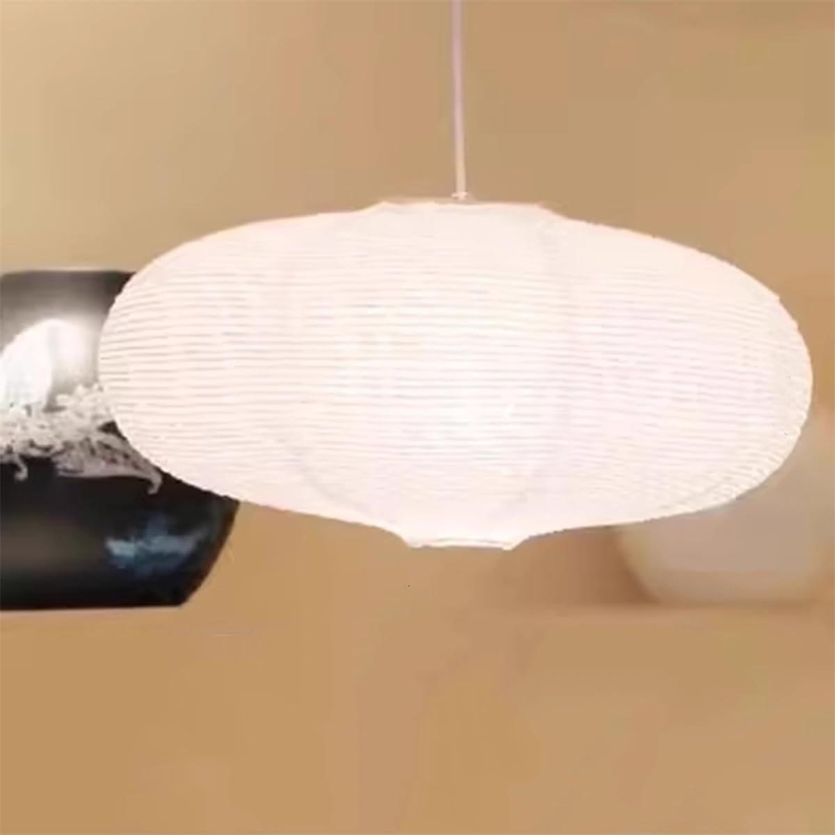 Large Paper Lantern with Lights, Bohemian Style Beige Apple Paper Lamp Shade, Suitable for Indoor Ceiling Decor (Oval white light(19.7"), with Lights and wires)